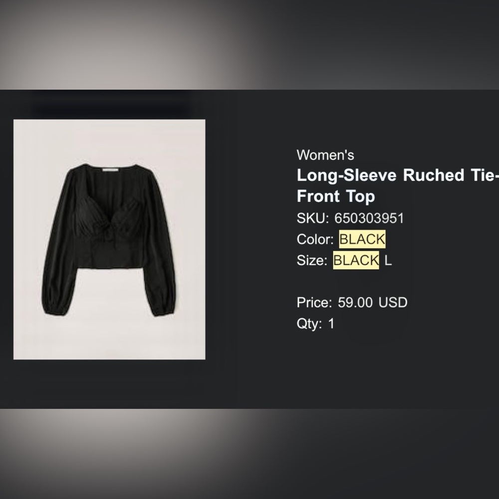 Abercrombie and fitch, Black, womens long sleeve ruched tie front top.